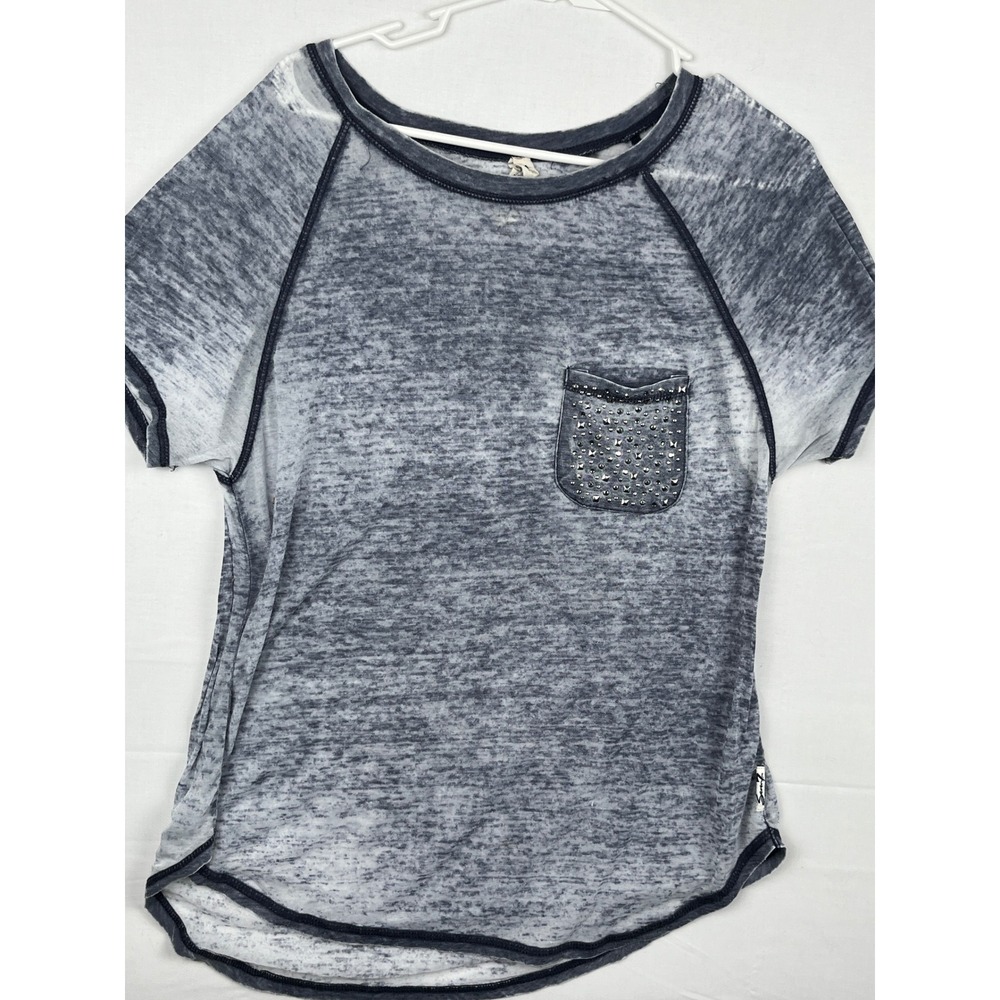 Seven7 T-Shirt Womens Medium Studded Rhinestone Pocket Burnout Grey M
